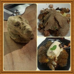 Viura: cogumelos com ovo e trufa branca (foto); chuleta; e sorvete com calda 70% cacau e confitado de figo (foto)