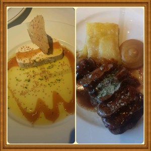 Echaurren: terrine de queijo de cabra com azeite de mel; e carne com folhado de batata e purê de maça.