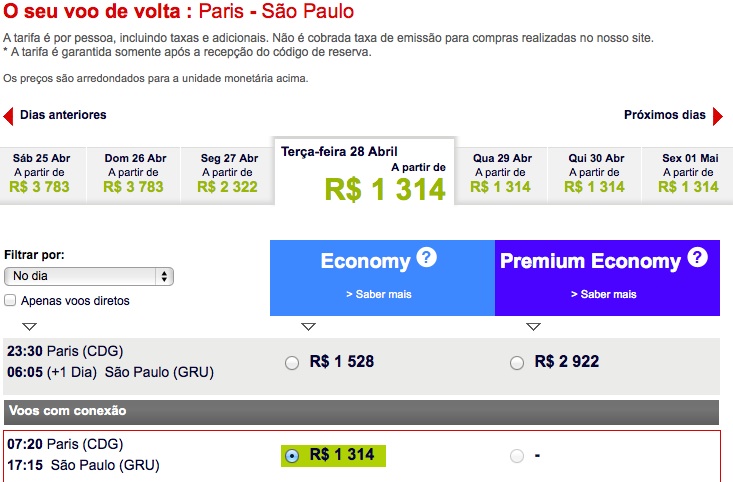 Exemplo de passagem da Air France. A busca mostra os dias em que as passagens no período são mais baratas. Veja que nesse caso, o vôo diurno é mais barato que o noturno. 